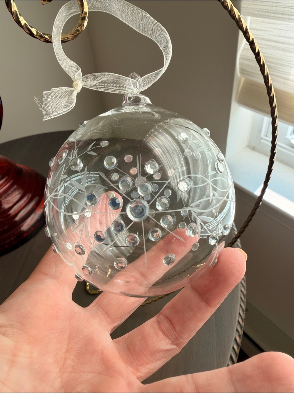 HAND BLOWN ETCHED CLEAR GLASS Flower And Leaves CHRISTMAS BALL ORNAMENT